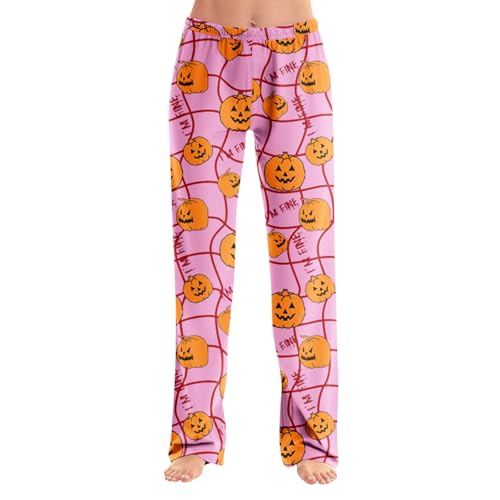 Halloween Pajama Pants Ghost Skeleton Pumpkin Pj Pants Orange Skull Spooky Soft Comfortable Lightweight Elastic Waist Wide Leg Fall Women's Pajama Bottoms Halloween Outfits Light Pink S