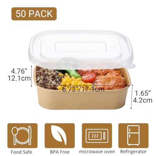 Belinlen 50 Sets 17oz Disposable Kraft Paper Bowls with Lids, Rectangle Paper Food Containers with Lids, Salad Bowls for Hot/Cold Food, Soup, Meal Prep, Ice Cream, Takeout, Party Supplies(500ml)