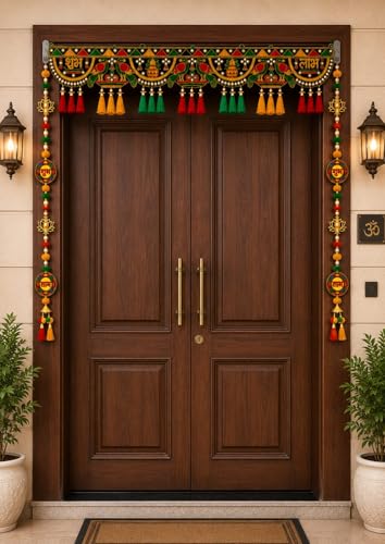 Image of Toran for Main Door Entrance | Traditional Handmade Door Hanging Garland for Decoration Bandhanwar for Main Door,Size 37 Inch (Subhalabh Toran Parrot with Subh Labh Latkan)