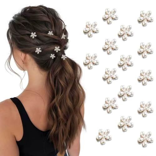 Ao Yee ZGL 16 Pcs Small Sized Mini Pearl Claw Clips with Floral Design, Decorative Hair Accessories for Women and Girls, Ideal as Sweet Artificial Bangs Clips (hairclip-white)