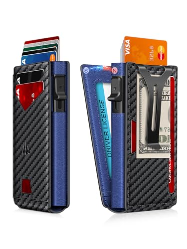 Image of Wallet for Men, Slim Minimalist Wallet with Money Clip＆ID Window, RFID Blocking Pop-Up Credit Card Holder, Smart Auminum Mens Wallet Holds 9-13 Cards (Gift Box) (Carbon Fiber & Blue)
