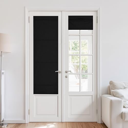 NICETOWN 100% Blackout No Drill Roman Shades for Windows & French Door, Linen Blend Cordless Door Curtain with Magnetic Lift, Easy Install Privacy Win
