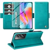 Giyer Cover per OPPO Reno12 Pro 5G Custodia con Vetro Temperato, Premium Pelle PU Portafoglio Slot per Scheda RFID Antifurto Funzione Supporto Flip Case, Antiurto per OPPO Reno12 Pro Cover (Ciano)