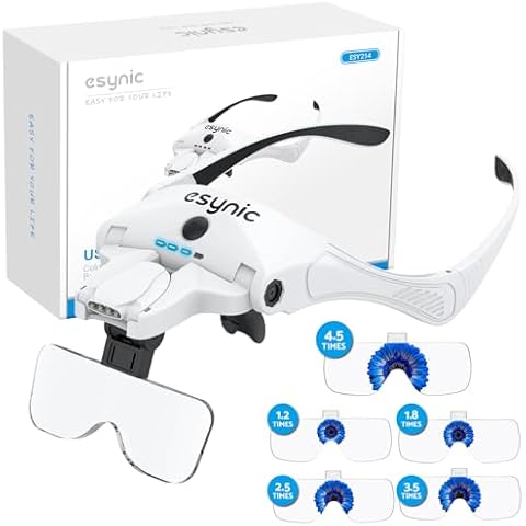 eSynic Profressional Head Magnifying Glass Wear Comfortably Head Magnifier Rechargeable Headband Magnifying Glasses with 4 LEDs/1.2X-4.5X HD Lens with Battery Warning Light for Crafts Reading etc Cover