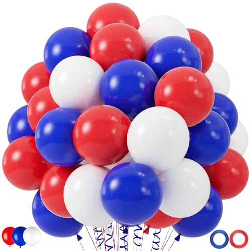 Image of 100pcs Red White and Blue Balloons, 12 inch Independence Day Patriotic Balloons for 4th of July Graduation Baseball Birthday Party Decorations