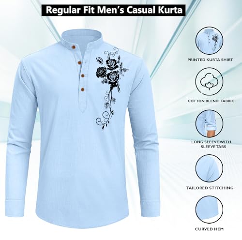 Image of Zombom Men's Cotton Polyester Blend Mandarin Collar Self One Design Printed Full Sleeve Casual Short Kurta