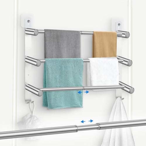 Mittimiya Toallero Extensible de 3 Barras de 44-75 cm, Sin Necesidad de Taladrar, Pared de Acero Inoxidable Brillante, Toallero Adhesivo Y con Taladros para BañO Y Cocina