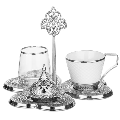 Alisveristime Turkish Coffee Serving Set for One – Includes Cup, Water Glass, Delight Bowl and Zamac Tray – Elegant Ottoman Style Display (Silver)