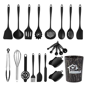 HAOYULUO 22-delige set keukengerei, hittebestendig siliconen kookgerei, met opbergemmer, gezonde anti-aanbaklaag, vaatwasserbestendig (zwart) SQ020