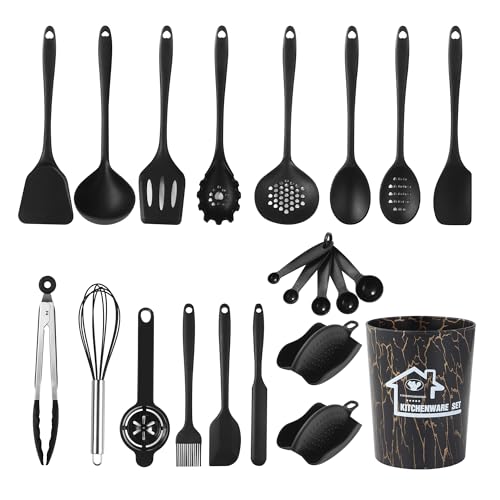 22 Pezzi Utensili da Cucina,Utensili da Cucina in Silicone,Resistente Alle Alte Temperature, con Secchio Portaoggetti, Sano e Antiaderente, Lavabile in Lavastoviglie (Nero)