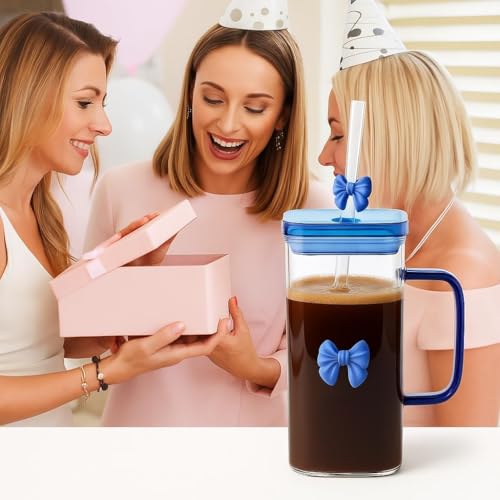 Image of FUNKYFINDS Coquette Blue Bow Glass Cup with Lid and Bow Straw, Dainty Glasses Drinking Set, 400 ml Cute Bow Glass Iced Coffee Cups, Preppy Glass Tumbler with Straw and Lid Gift (Set of 1)