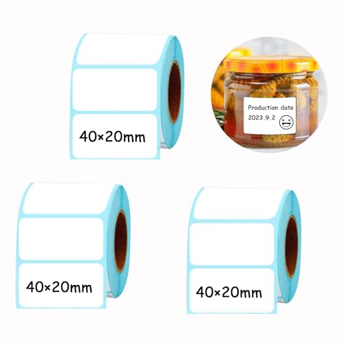 3 Rollo de Papel Térmico 40x20 mm, 3000 Etiquetas Térmicas en Blanco para Cocina, Oficina y Hogar | Etiquetas Adhesivas para Tarros de Mermelada,Contenedores y Más | Compatible con Impresoras Térmicas