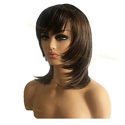 Auflaund Fashion Bob Middle Length Straight Layered Brown Hair Wigs For Women Cosplay + Wig Cap #TOP3