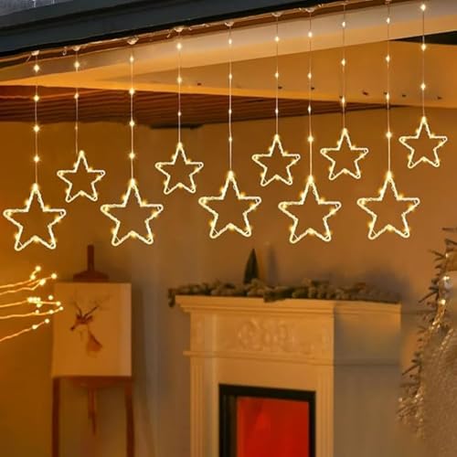 Image of One94Store Fairy Star Curtain String LED Lights, 3 Meter Warm White Plug-in Decorative Curtain with 96 LEDs, 8 Modes and 5+5 Star Design for Home, Festival, Diwali & Wedding Decoration