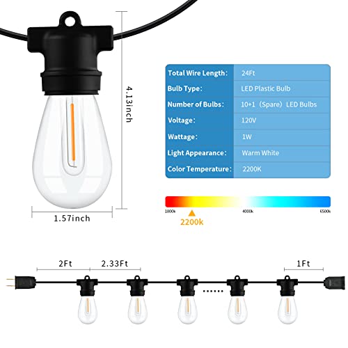 Solibting Outdoor String Lights Patio Lights 24Ft With 10 Led Dimmable Edison Waterproof Shatterproof Bulb And Commercial Grade Weatherproof Strand Heavy-Duty Outside Decorative Cafe, Bistro, Party #TOP6