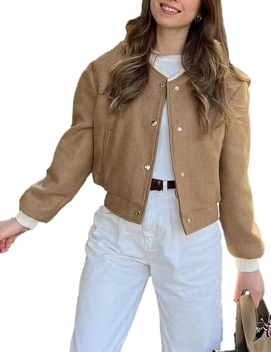 Oulivey Women's Cropped Street Bomber Jacket long sleeve Button Down