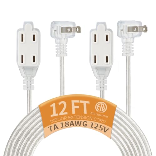 Clear Extension Cord, 3 Outlet Extensions Cord with UL-Certified, Thin Extension Cord Indoor with Multiple Outlets, 2 Prong 12 Ft, 2 x 18AWG 7A/125V, Male to Female, 2 Pack 12FT-2 Pack 3 Out