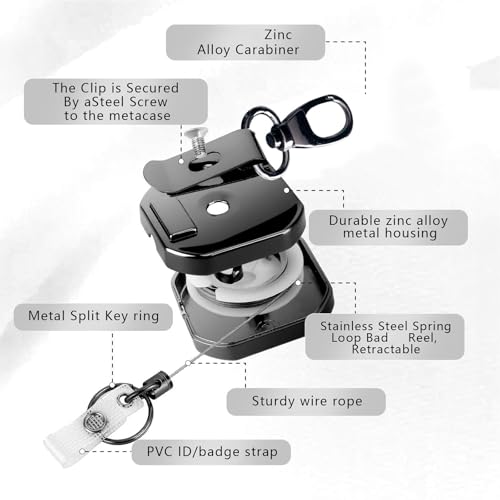 Image of Retractable ID Card Holder with Carabiner and Key Ring, Black | Zinc Alloy Carabiner With Key Ring And Back Clip For ID Cards, Access Badges And Keys At Offices, Campuses And Worksites