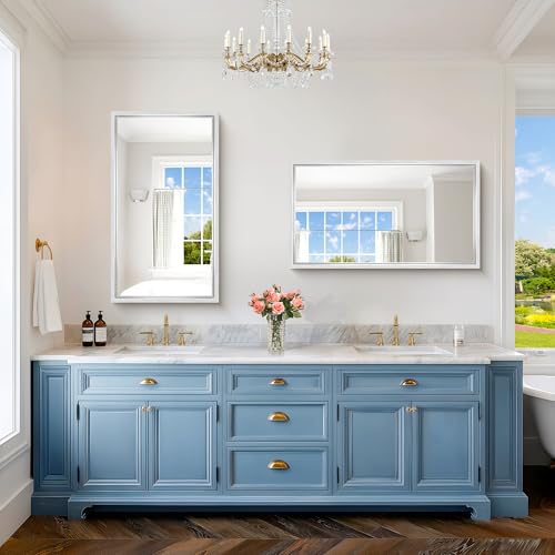Image of 24 x 42 inch Brushed Silver Bathroom Mirror, Metal Framed Rectangle Mirror, 0.6 inch Thickened Deep Frame Mirrors for Living Room Bedroom Entryway, Tempered Glass, Antirust, Horizontal or Vertical