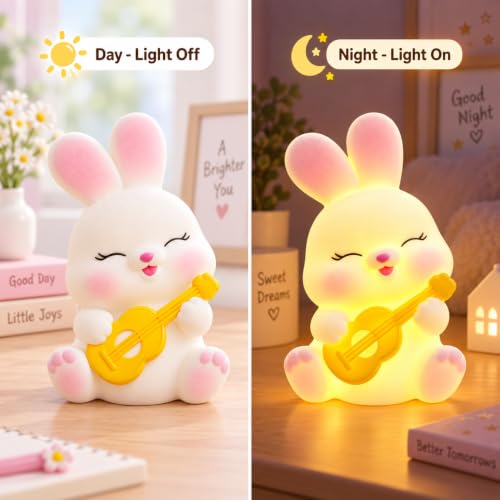 Image of Cute Bunny Night Light Lamp Battery Operated Table and Desk Decorations Gift Pandas (Guitar Bunny)