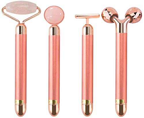 4-IN-1 Vibrating Electric Pulse 24K Gold Beauty Bar T Shape Pink Rose Quartz Jade Roller for Face Eyes Muscle Body Neck 3D Roller Skin Care Tool Kit Set