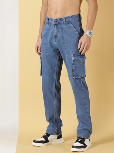 Image of Thomas Scott Men Comfort Relaxed Fit Clean Look Light Fade Pure Cotton Cargo Jeans, Mid Rise, Blue, 32