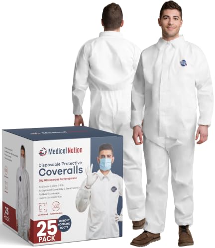 Medical Nation Hazmat Suits Disposable | 25 Pack, Extra Large | Non-Hooded Protective Coveralls...