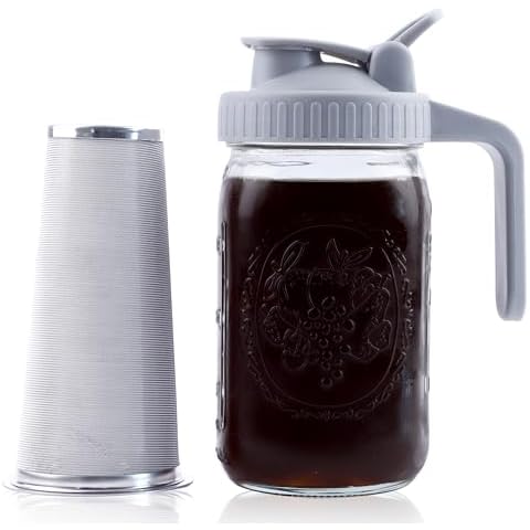 GMSWEET Cold Brew Coffee Maker 32 Oz Mason Jar Cold Brew Pitcher With Strainer 1 Quart Wide Mouth Glass Iced Coffee Maker With Spout Lids Glass Pitcher For Fridge, Sun Tea, Lemonade, Cold Brew Cover