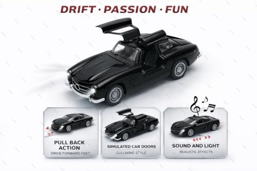 Image of 1:36 Scale Mercedes Vintage Die-Cast Toy Car - Pull Back Metal Model with Openable Doors, LED Lights & Music - Alloy Mini Car Gift for Kids, Boys & Collectors (Color AS PER Stock)
