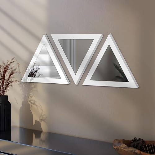 Image of Art Street Acrylic Triangle Decorative Wall Mirror Set of 3 Triangle Shape Mirror for Home Decoration, (9x9 Inch, White)