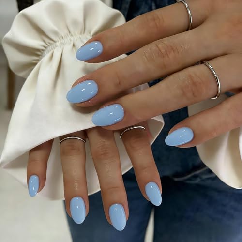 KQueenest Press On Nails Short - Pastel Soft Blue Press On Nails Oval, 32 Pcs 16 Sizes Natural Short Fake Nails Press ons Almond, Reusable Glossy Gel Glue on Nail with Glue for Everyday Office Wear
