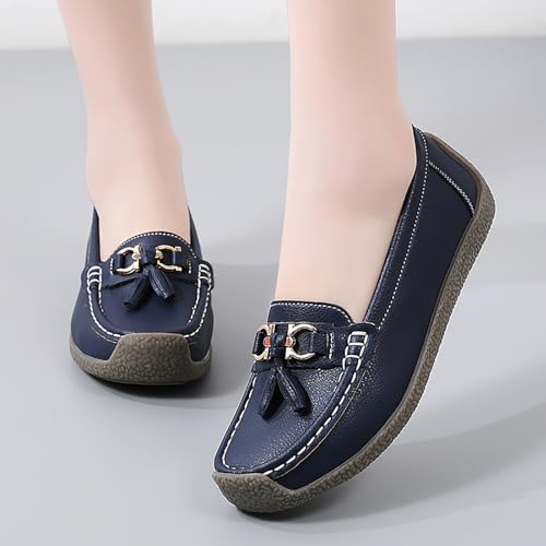 Image of Women's Faux Leather Flat Loafers Classic Casual Comfort Slip-On Shoes Soft Sole Dress Shoes(Navy,Size 9)
