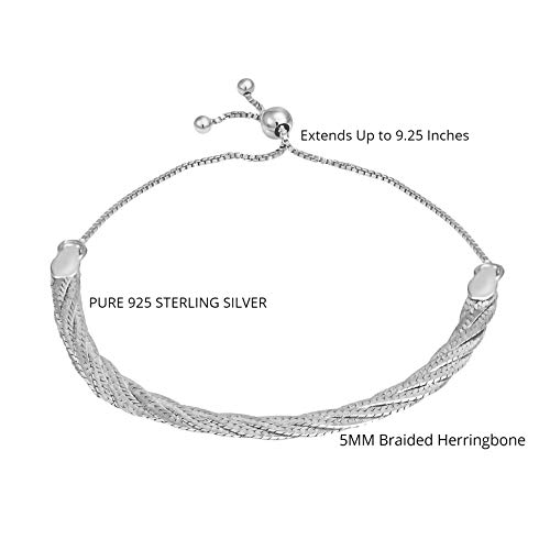 Image of Sterling Silver 925 Diamond-Cut 5MM Braided Herringbone Chain Bolo Bracelet - Extends Up to 9.25 Inches