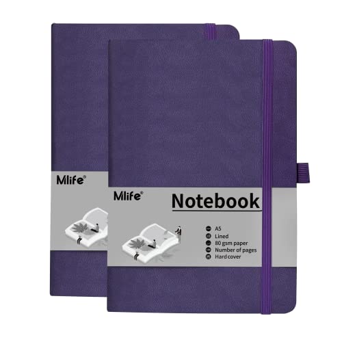 Mlife A5 Journal Carnet De Notes 2 Pack, 192 Pages, Couverture Rigide Avec Élastique De Fermeture Et Pochette Pliable (Violet)