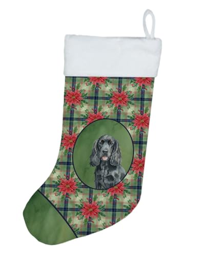 Caroline's Treasures Black Cocker Spaniel Christmas Poinsettas Holiday Stocking Double-Sided Print, Polyester Suede,11x18, Made in USA