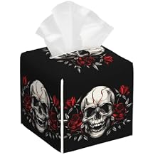 Halloween Skull Portable Facial Tissue Box Holder Cube Tissue Boxes Cover, Red Rose Flowers Faux Leather Decorative Napkin Case for Bathroom Bedroom Livingroom