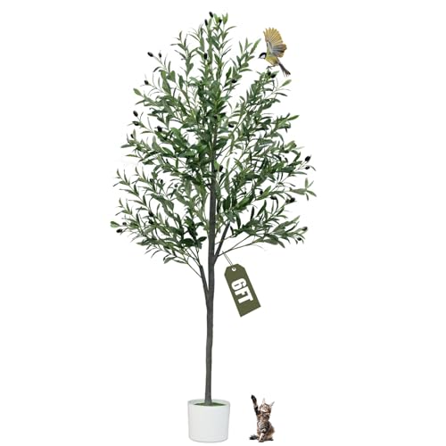 6FT Artificial Olive Tree,Artificial Plants Indoor,Faux Olive Tree Indoor with Natural Wood Trunk and Realistic Leaves and Fruits