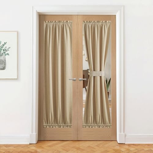 NICETOWN Linen Door Curtains for Kitchen Window, 100% Blackout Thermal Insulated French Door Shade for Living Room Privacy Rod Pocket Sheer Curtain fo