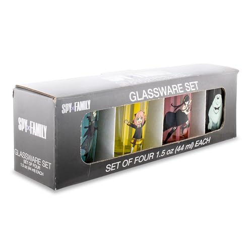 Image of Silver Buffalo Spy x Family Trio and Logo Mini Whiskey Shot Glasses, Set of 4 | Home Barware For Liquor and Beverages | Each Holds 2 Ounces