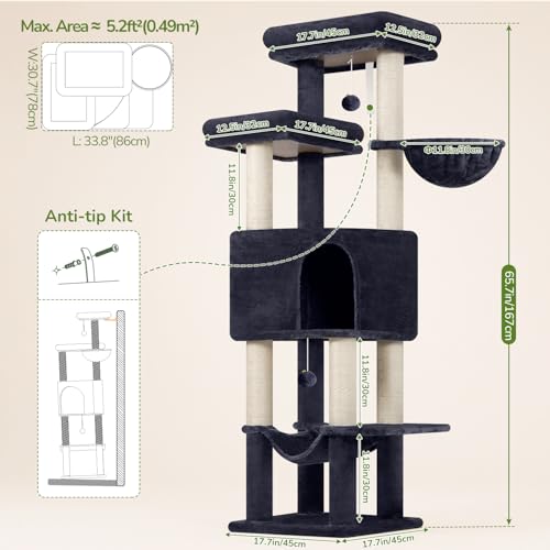 Image of Globlazer Tall Cat Tree Tower for Large Adult Cats, Multi-Level Large 65 Inch Cat Scratching Tower with Hammock, 6 Scratching Posts, Basket and 2 Perches for Indoor Multiple Cats, F65D, Dark Grey