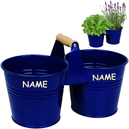 alles-meine.de GmbH 4 Stück doppelte 2er - Metall - Blumentöpfe/Pflanzkübel/Pflanzschale - mit Holzgriff/Henkel - royal blau - inkl. Name - 34 cm - RUND - frostsicher - M..