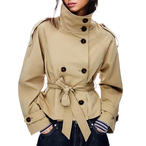 Maohao Women's Cropped Trench Coat Double Breasted Short Jacket High Collar Fall Winter Coats Trendy Outfit with Belt(Khaki,XL)