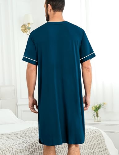 Image of SWOMOG Mens Nightgown Short Sleeve Lounge, Sleep Henley Shirt Pajama Big & Tall Nightshirt Comfy Nightwear M-3XL