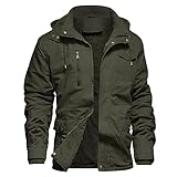LEPOAR Men's Winter Jacket Military Jacket Fleece Lined Warm Cargo Jackets Removable Hood Cotton Work Coat, Army Green-M-02