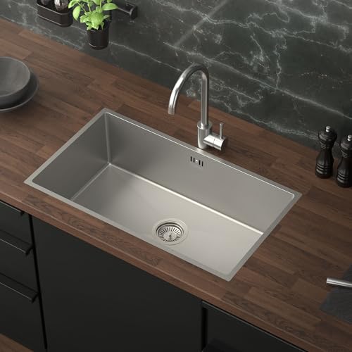 ML-Design Lavello da Cucina 70 x 40 cm Lavabo da Incasso Argento Rettangolare in Acciaio Inox Lavello Sottopiano a 1 Vasca con Set di Scarico e Troppopieno Vasca Singola con Sifone Lavandino XXL