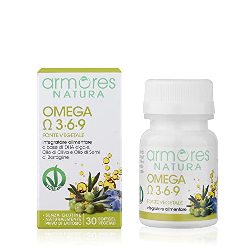 Armores Natura Integratori Alimentari, Omega 3-6-9, Integratore per il Benessere Cardiovascolare, a Base di DHA Algale, Olio di Oliva e Olio di Semi di Borragine, Vegano, 30 Softgel Vegetali
