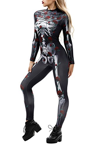 Women Skull Print Jumpsuit with Hoodie, Halloween Costume