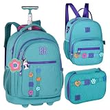 Rebecca Bonbon Kit Mochila Escolar com Rodinha, Lancheira e Estojo, 3 Peças, Poliéster, 45x35x22cm, Design RB Bonbon Lovers (Verde)