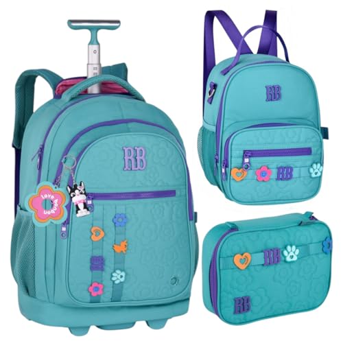 Rebecca Bonbon Kit Mochila Escolar com Rodinha, Lancheira e Estojo, 3 Peças, Poliéster, 45x35x22cm, Design RB Bonbon Lovers (Verde)
