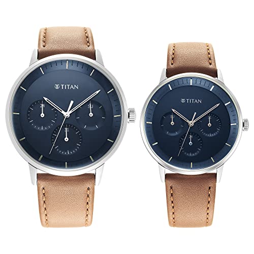 Image of Titan Modern Bandhan Blue Dial Quartz Multifunction Leather Strap Watch for Couple-NS9400694206SL01P